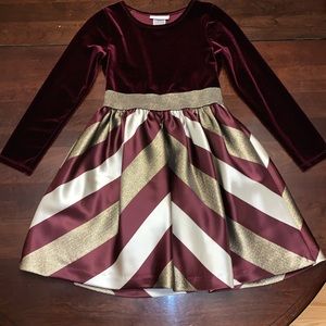A velvet satin striped holiday dress